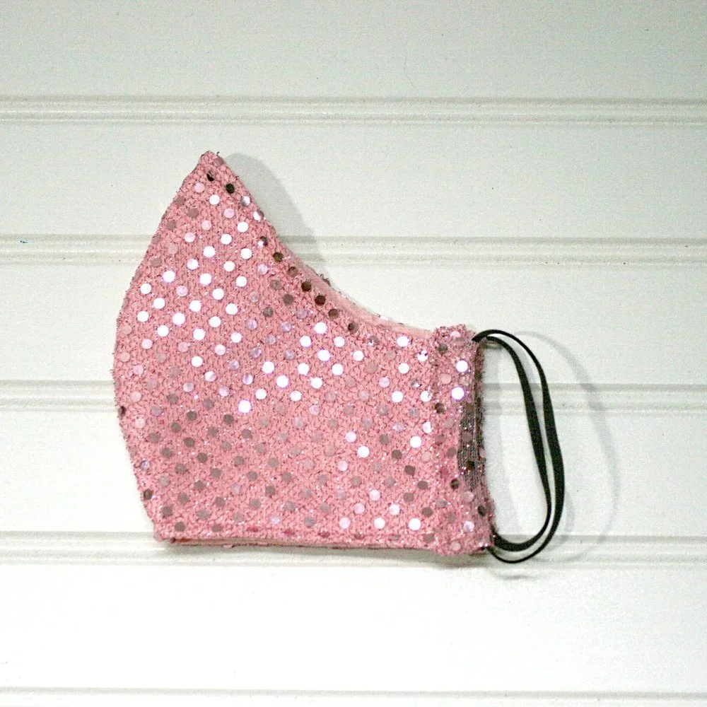 HAND CRAFTED Face Mask Baby Pink Confetti Dot Sequin - Adult - Shield Style